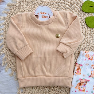 Conj. Blusa em Malha Cotele e Calça em Plush Esquila - Areia e Rosa